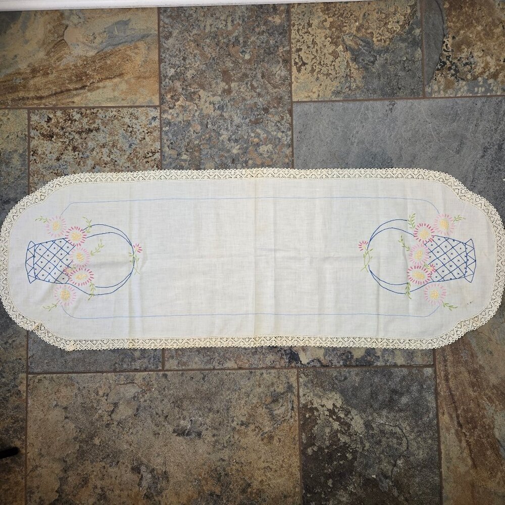 Vintage Hand Embroidered Table Runner Basket & Flowers Cotton Lace Edging